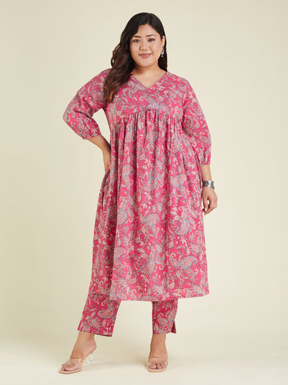 Janasya Bright Cotton Floral A-Line Kurta Set - Distacart