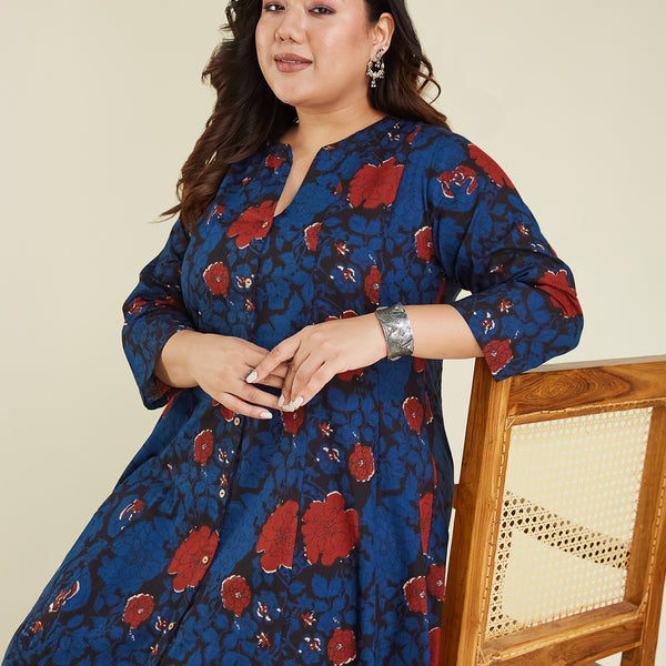 Janasya Dark Cotton Floral A-Line Kurta Set