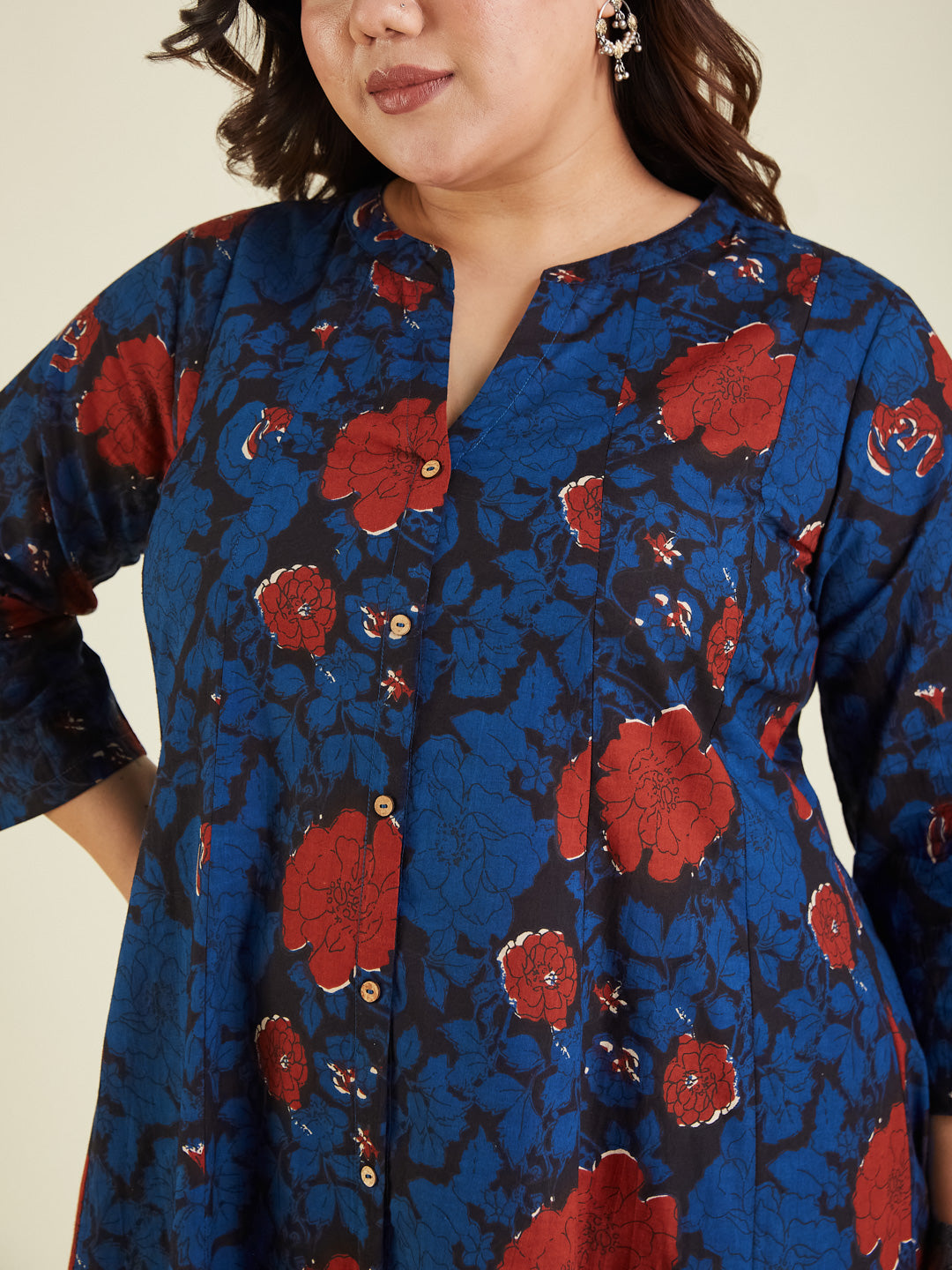 Janasya Dark Cotton Floral A-Line Kurta Set