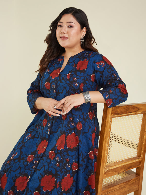 Janasya Dark Cotton Floral A-Line Kurta Set