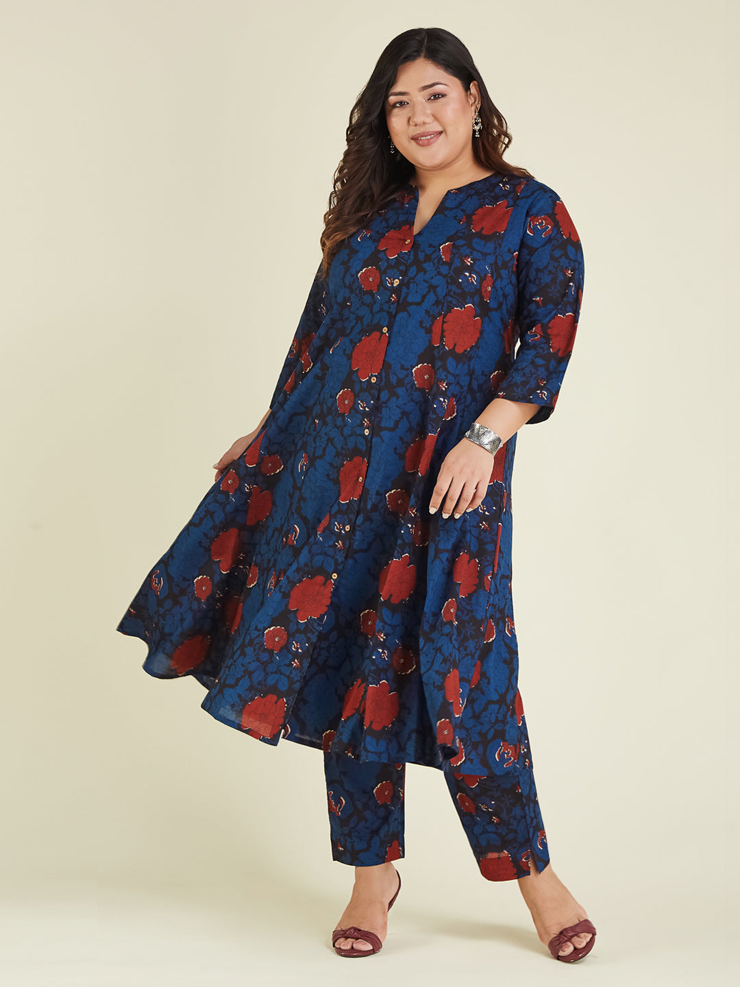 Janasya Dark Cotton Floral A-Line Kurta Set