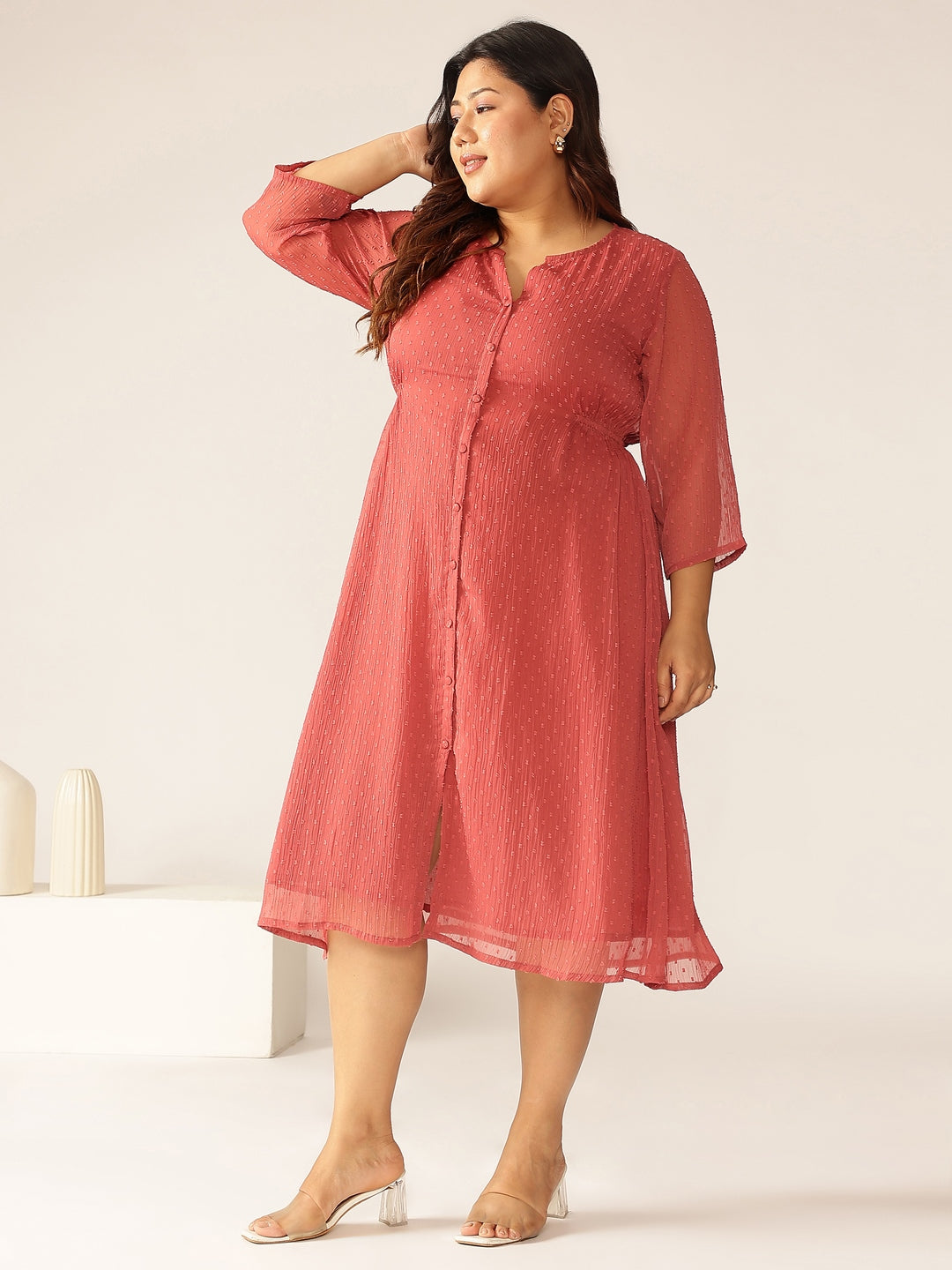 Janasya Light Dobby Chiffon Self Design A-Line Kurta