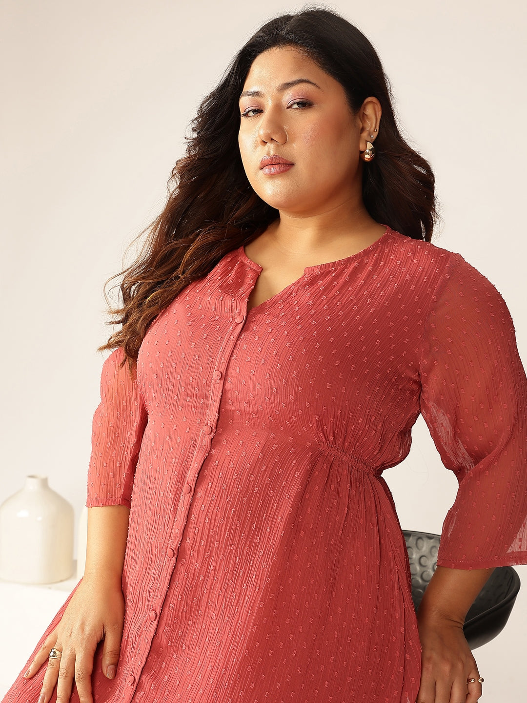 Janasya Light Dobby Chiffon Self Design A-Line Kurta