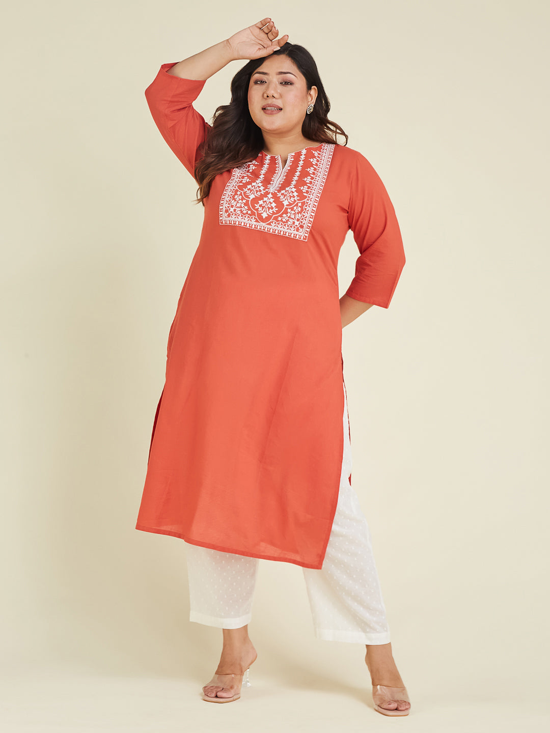 Janasya Dark Cotton Embroidered Straight Kurta