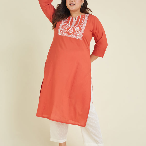 Janasya Dark Cotton Embroidered Straight Kurta
