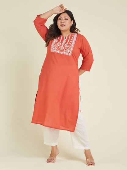 Janasya Dark Cotton Embroidered Straight Kurta - Distacart