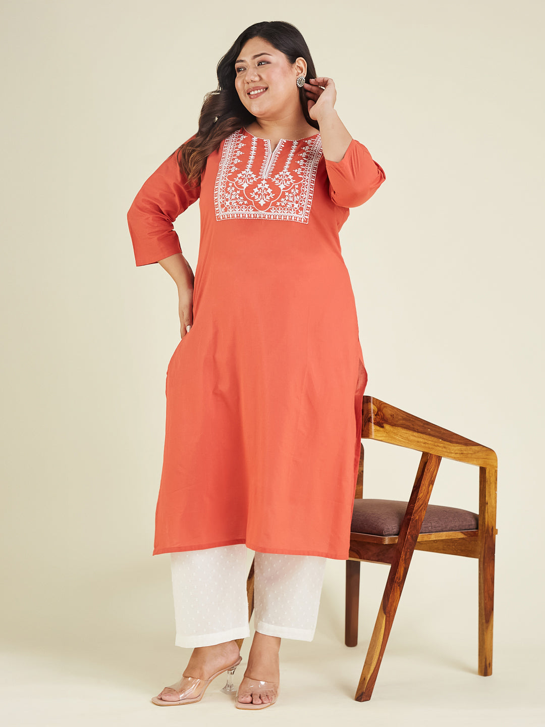 Janasya Dark Cotton Embroidered Straight Kurta