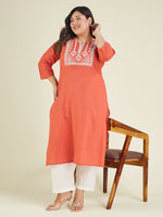 Thumbnail for Janasya Dark Cotton Embroidered Straight Kurta