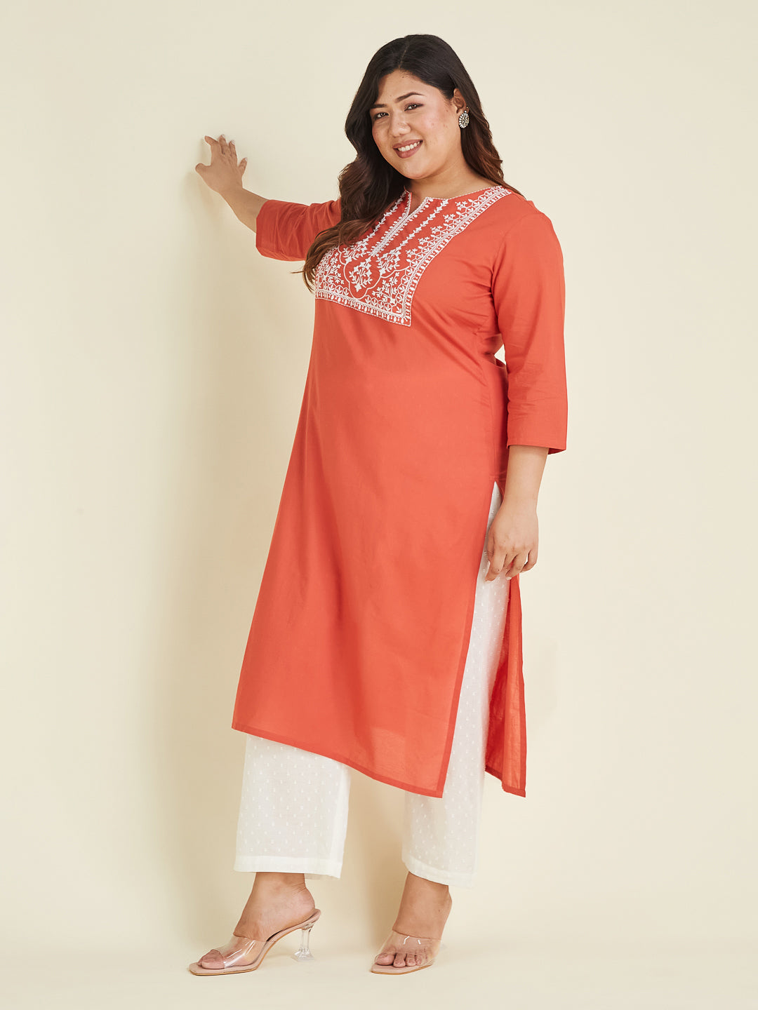 Janasya Dark Cotton Embroidered Straight Kurta