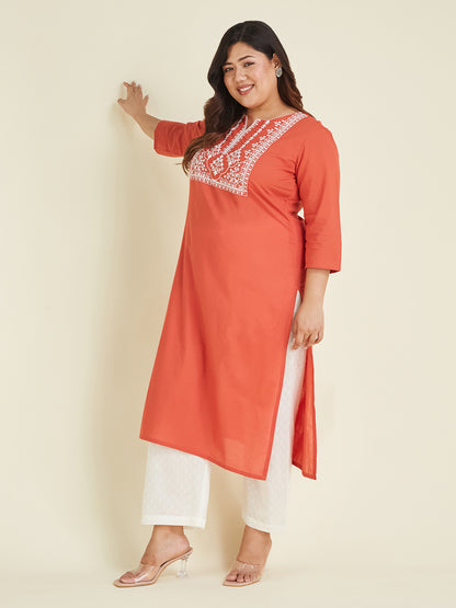 Janasya Dark Cotton Embroidered Straight Kurta - Distacart