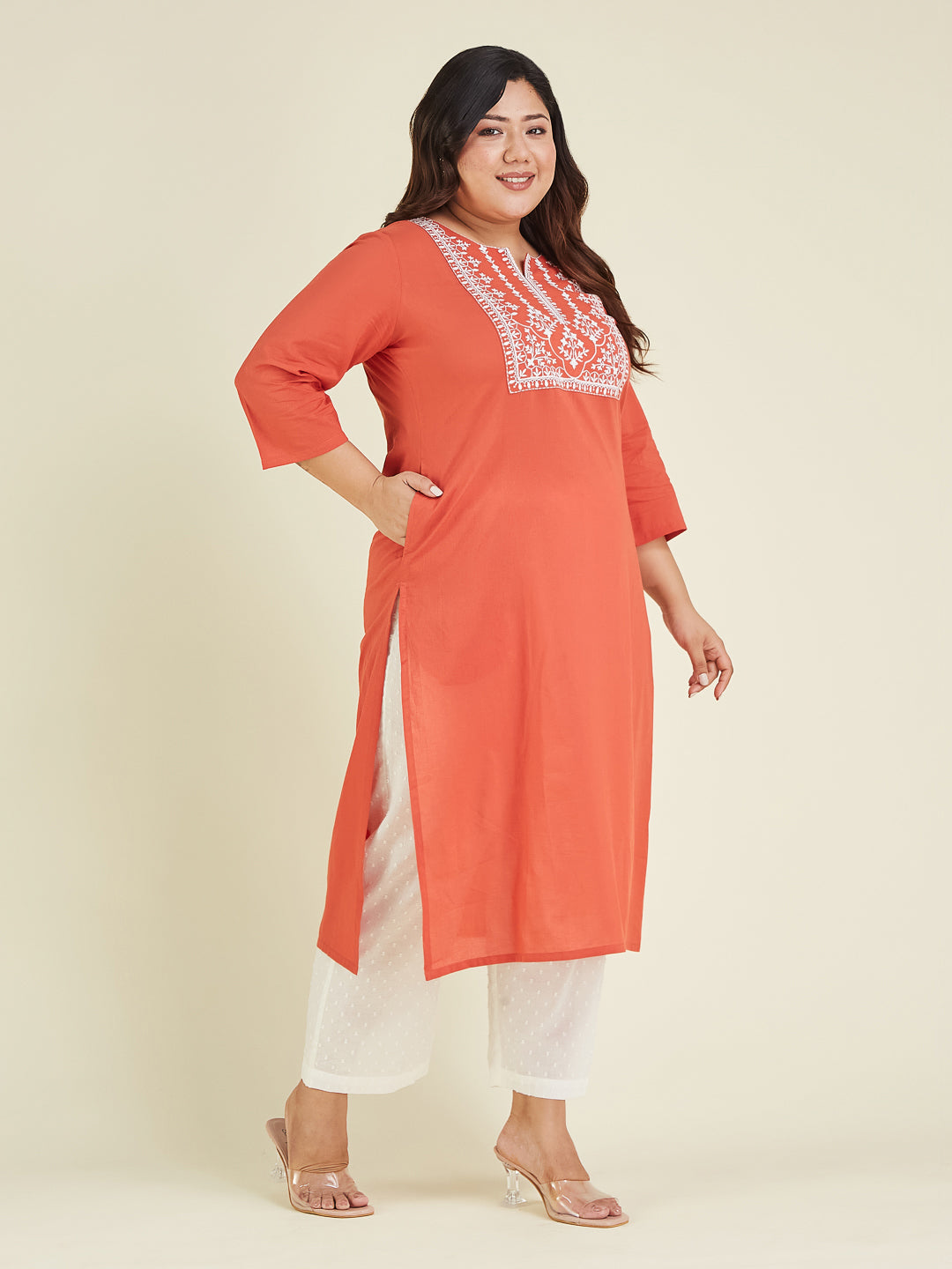 Janasya Dark Cotton Embroidered Straight Kurta