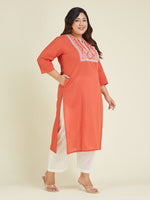Thumbnail for Janasya Dark Cotton Embroidered Straight Kurta