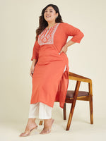 Thumbnail for Janasya Dark Cotton Embroidered Straight Kurta