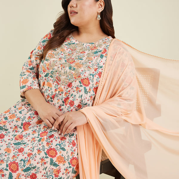Janasya Light Cotton Floral Anarkali Kurta Set