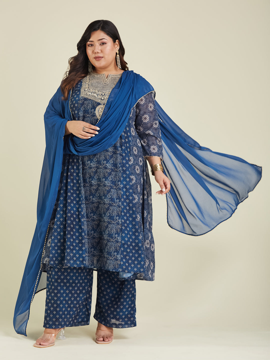 Janasya Dark Georgette Ajrakh Anarkali Kurta Set