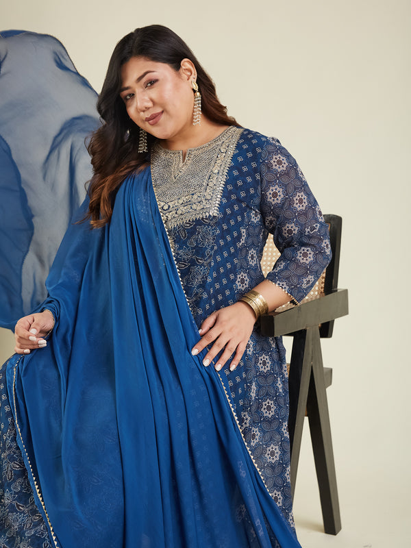 Janasya Dark Georgette Ajrakh Anarkali Kurta Set