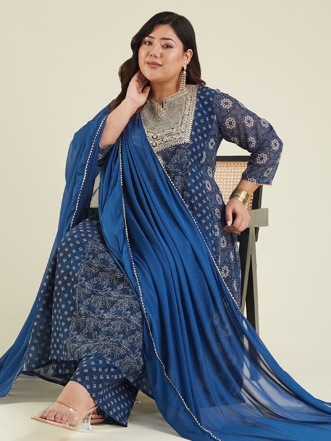 Janasya Dark Georgette Ajrakh Anarkali Kurta Set