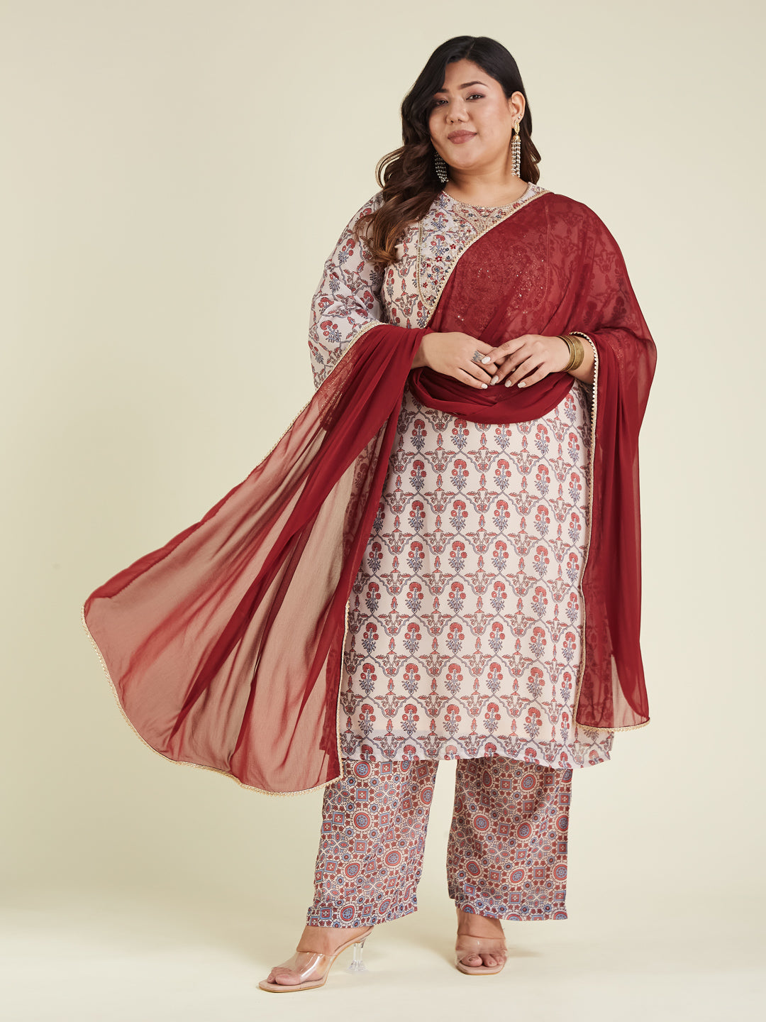 Janasya Light Georgette Yoke Embroidery A-Line Kurta Set
