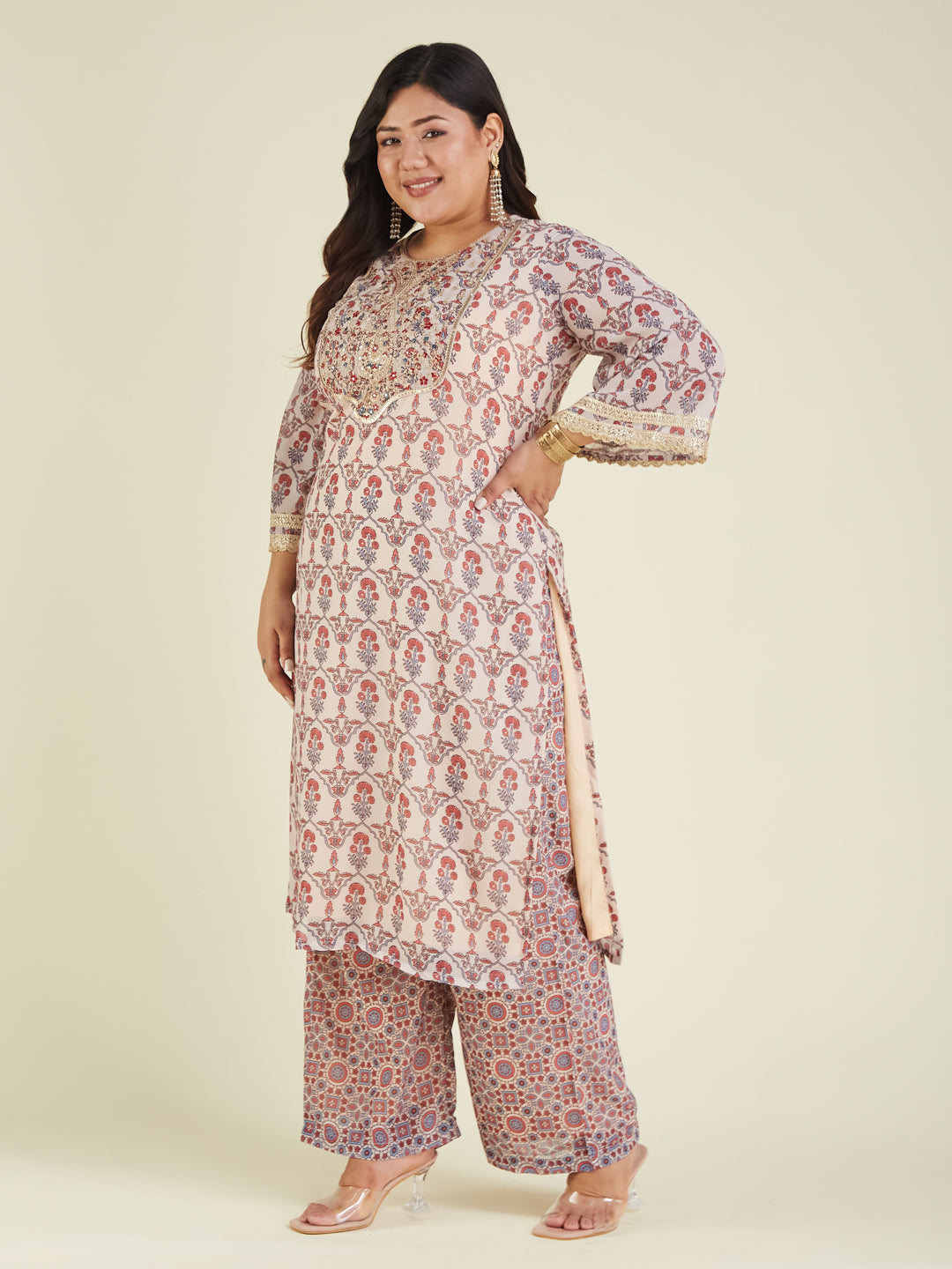 Janasya Light Georgette Yoke Embroidery A-Line Kurta Set