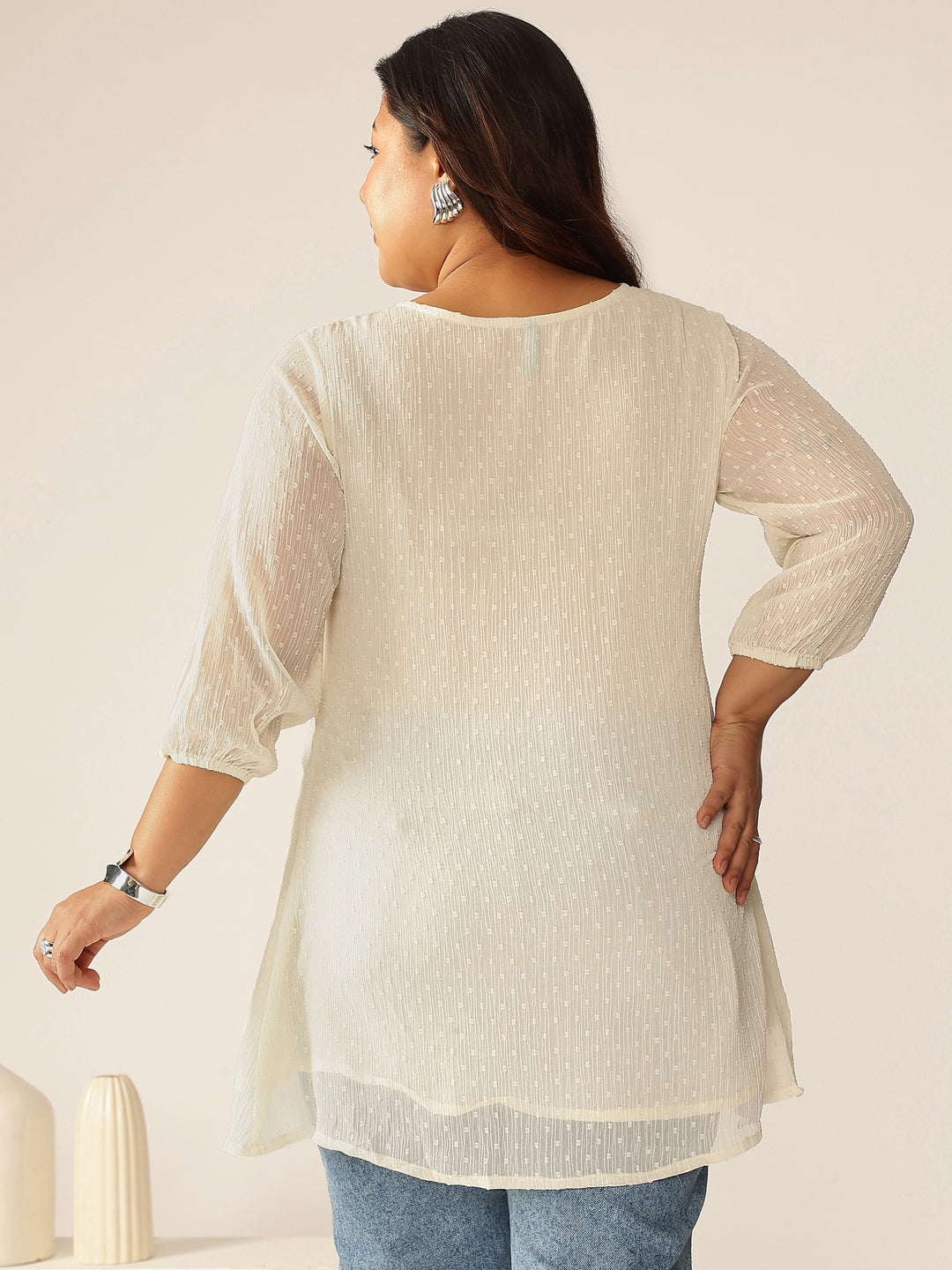 Janasya Light Dobby Chiffon Self Design A-Line Tunic