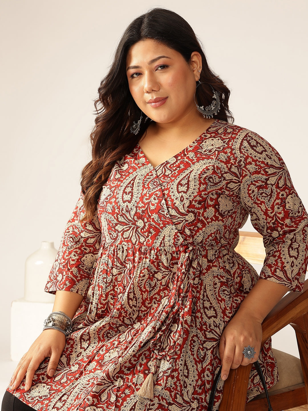 Janasya Dark Cotton Paisley Peplum Tunic