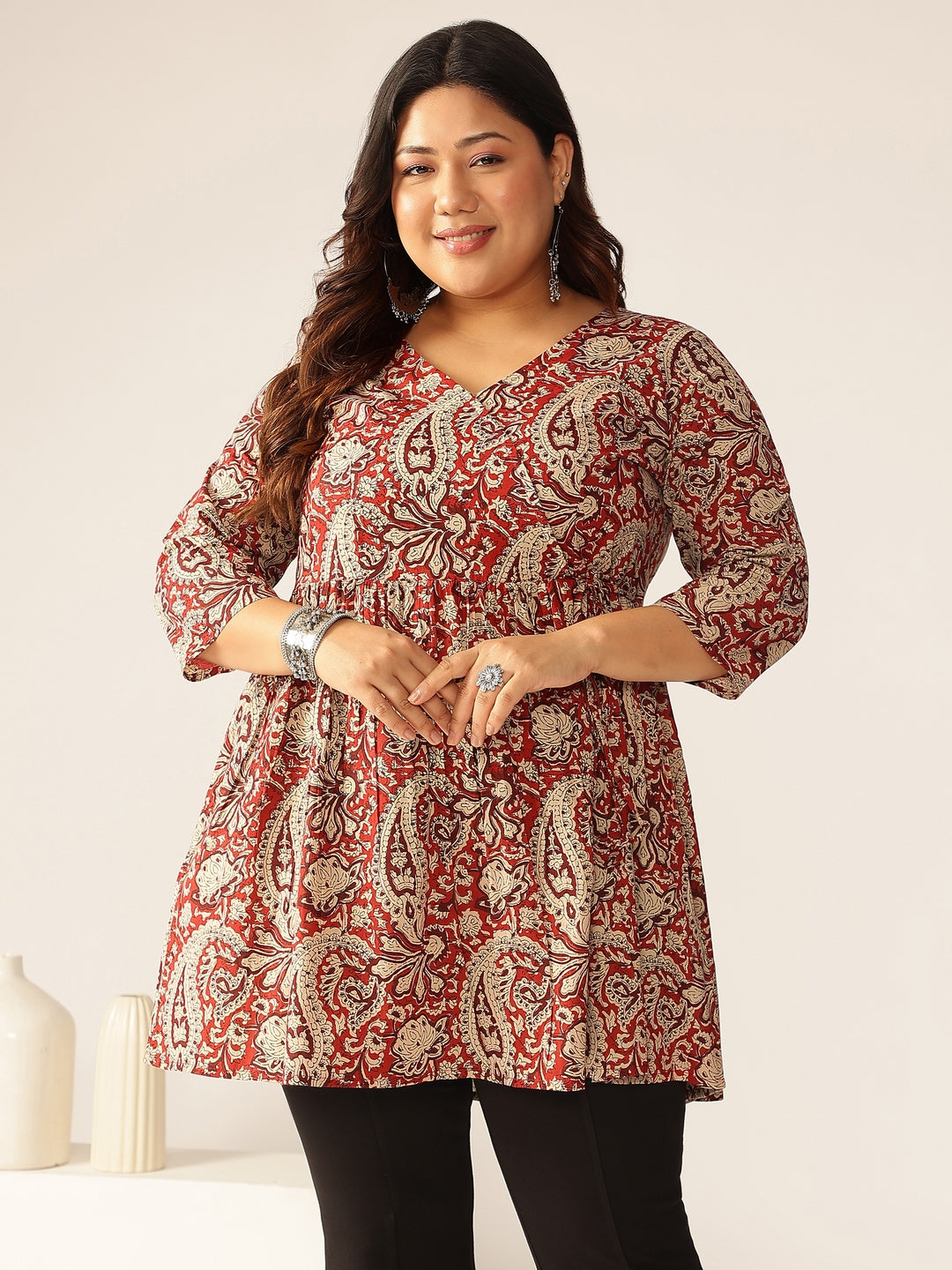 Janasya Dark Cotton Paisley Peplum Tunic