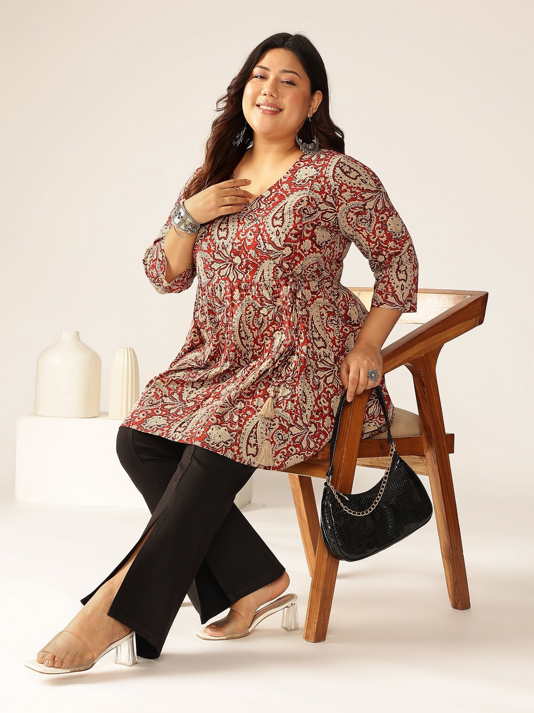 Janasya Dark Cotton Paisley Peplum Tunic