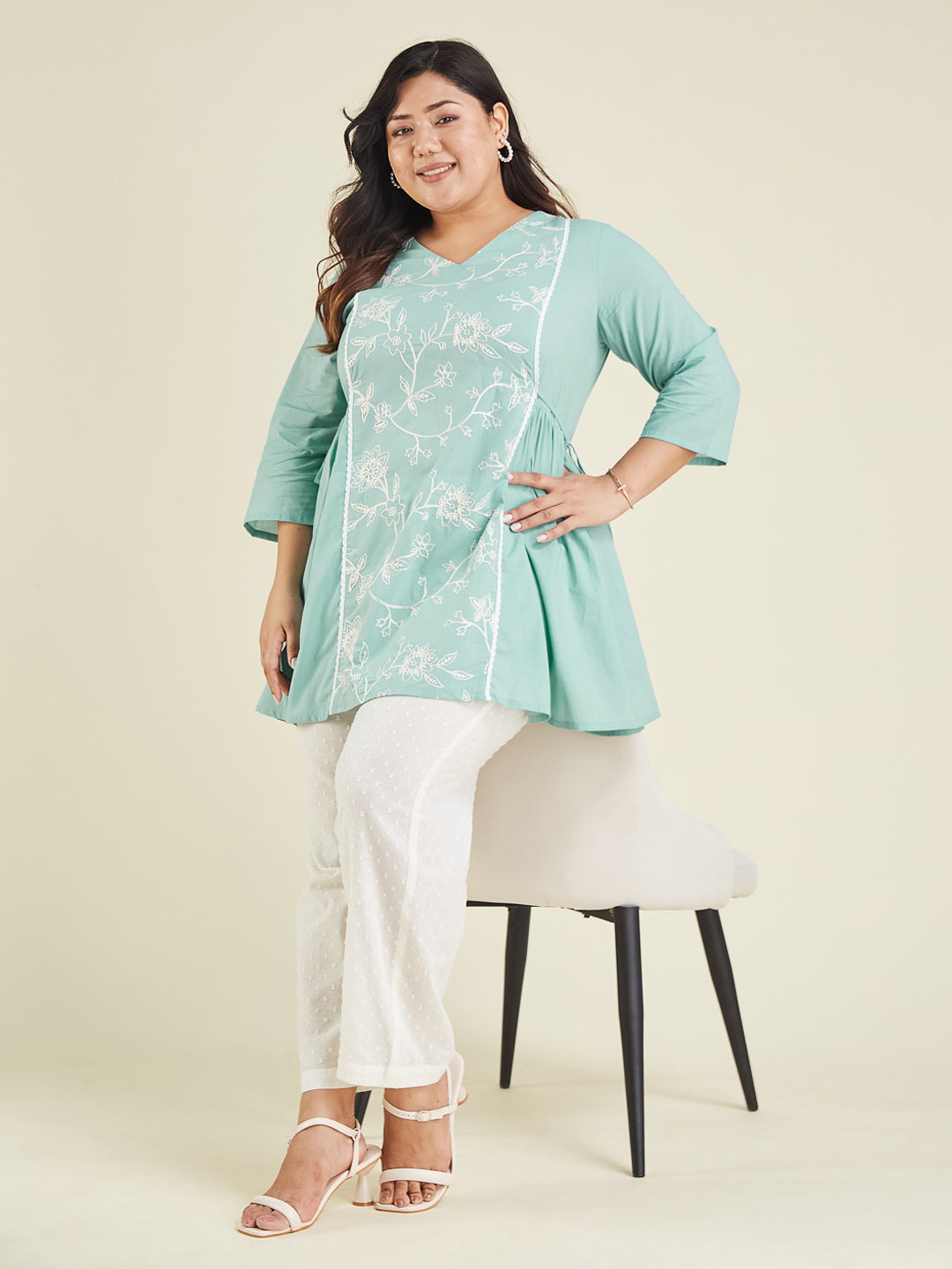 Janasya Bright Cotton Embroidered A-Line Tunic