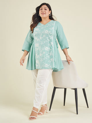 Janasya Bright Cotton Embroidered A-Line Tunic