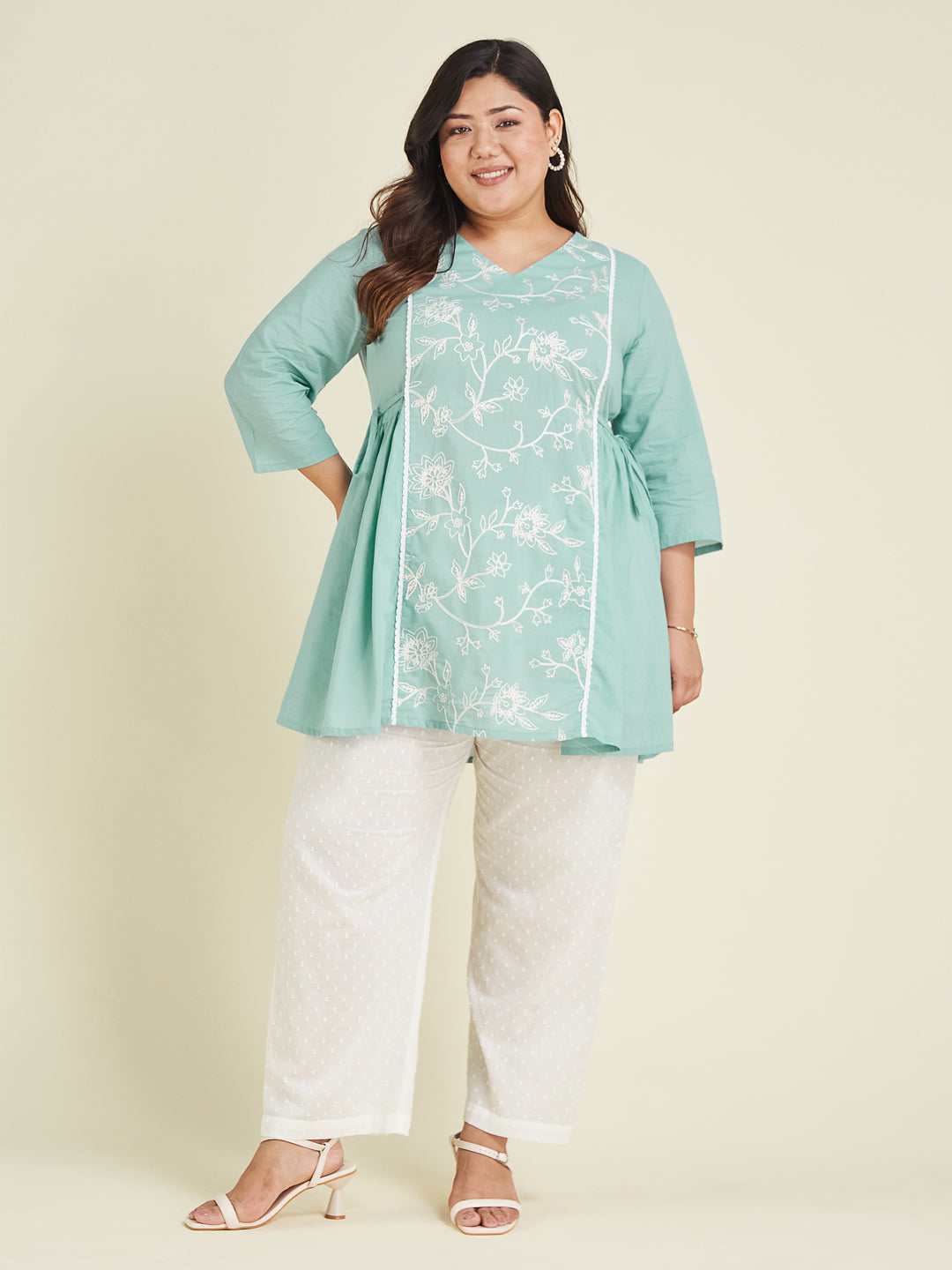 Janasya Bright Cotton Embroidered A-Line Tunic