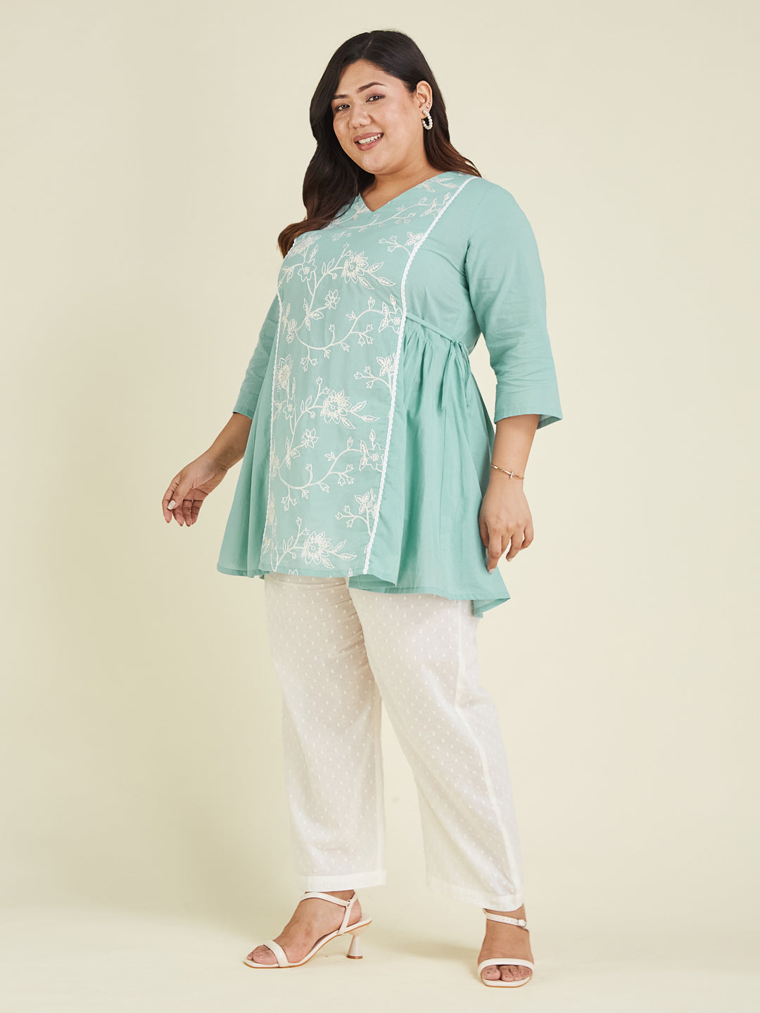 Janasya Bright Cotton Embroidered A-Line Tunic