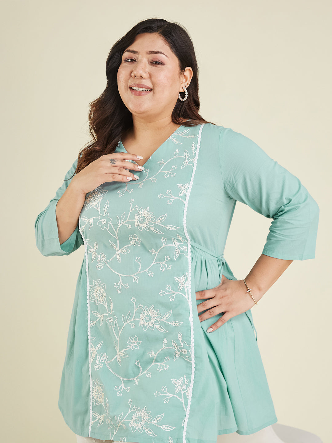Janasya Bright Cotton Embroidered A-Line Tunic