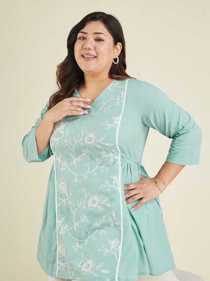 Janasya Bright Cotton Embroidered A-Line Tunic - Distacart