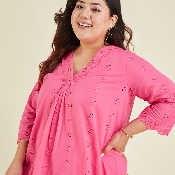 Janasya Bright Cotton Schiffli A-Line Tunic