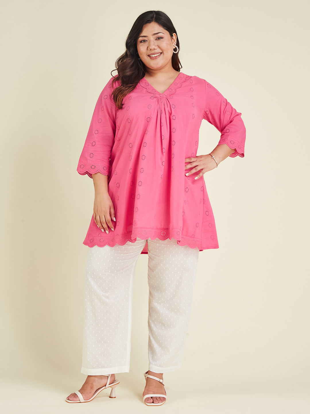 Janasya Bright Cotton Schiffli A-Line Tunic