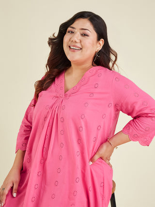 Janasya Bright Cotton Schiffli A-Line Tunic
