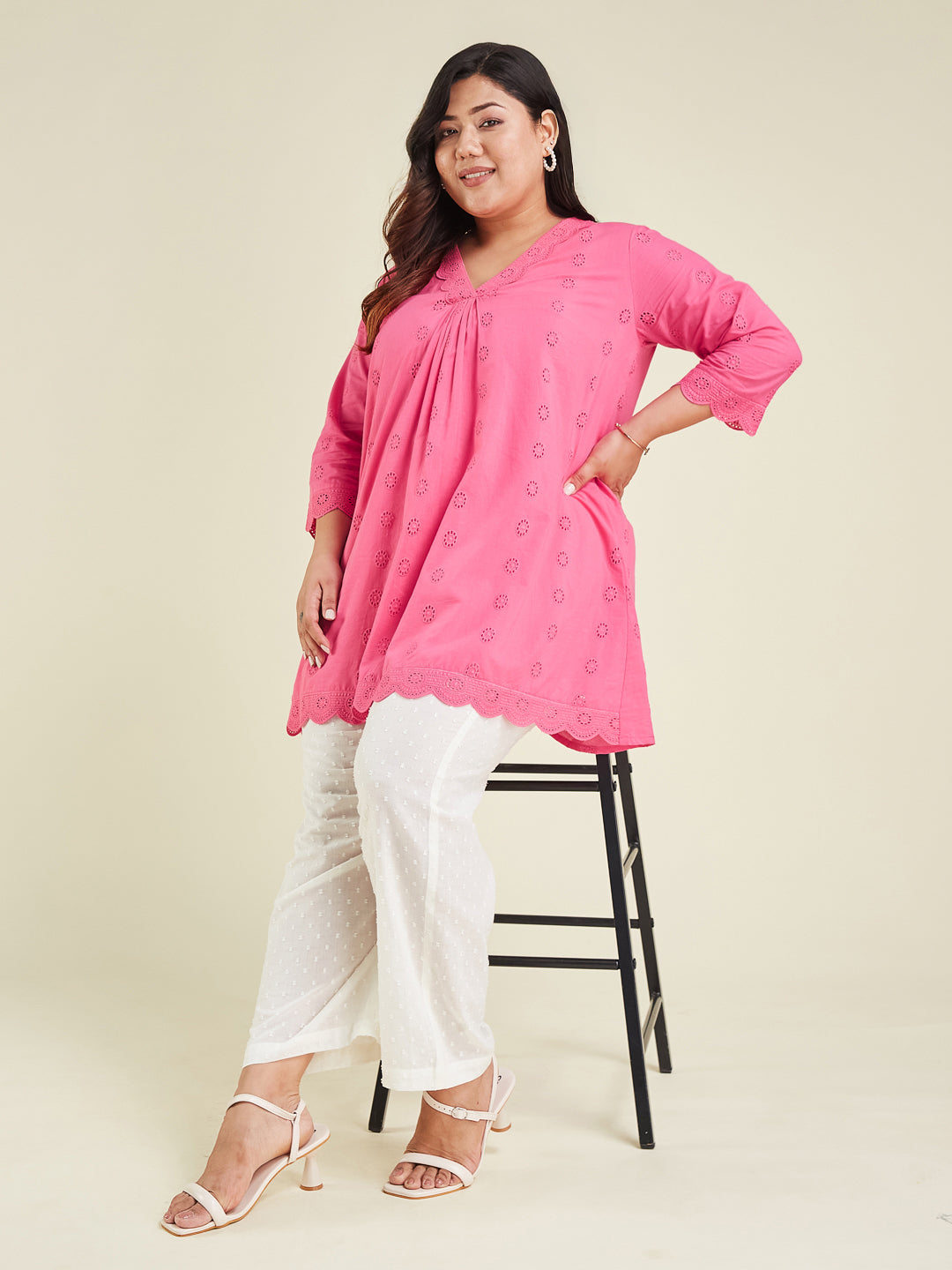 Janasya Bright Cotton Schiffli A-Line Tunic
