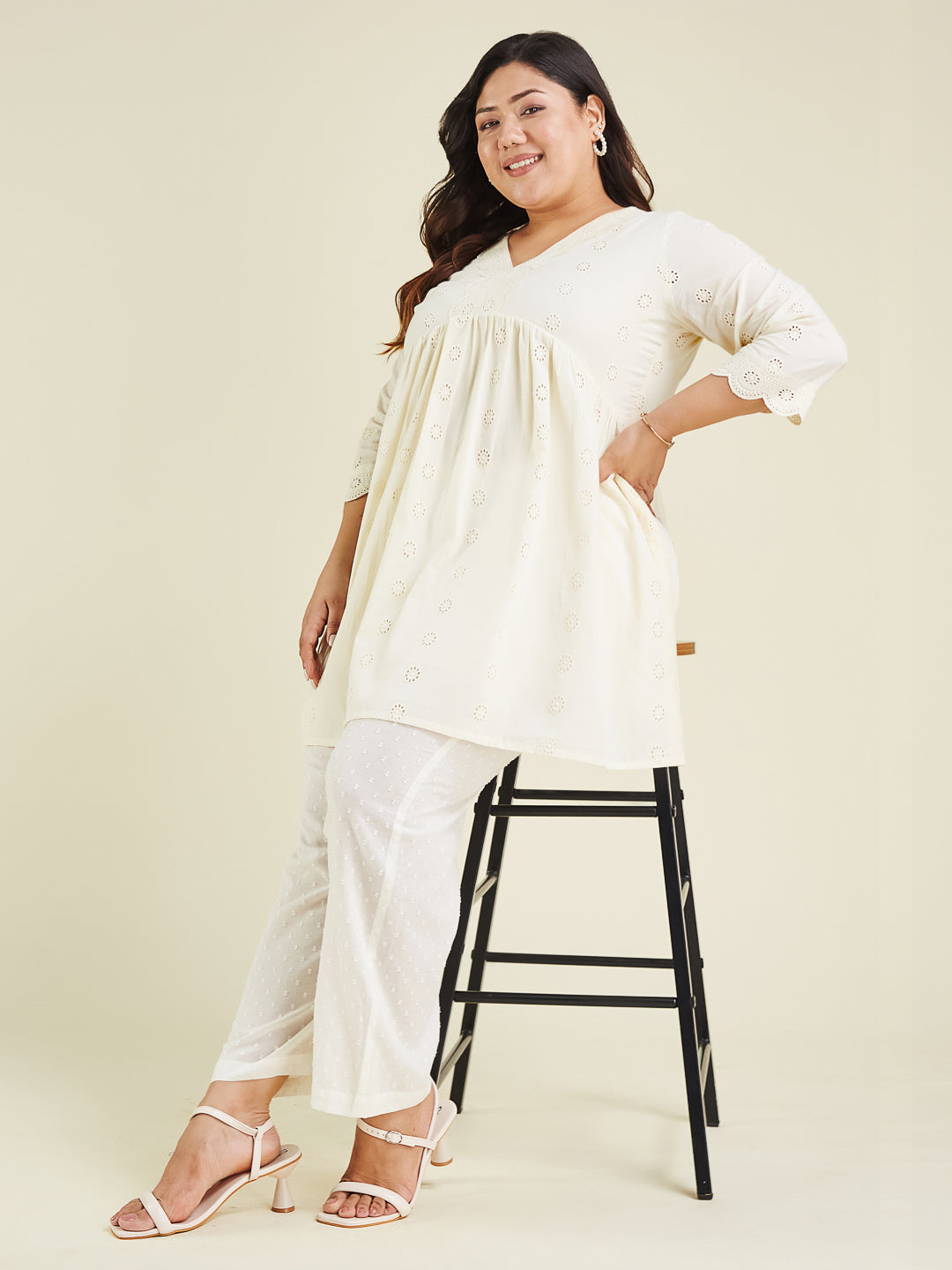 Janasya Light Cotton Schiffli A-Line Tunic