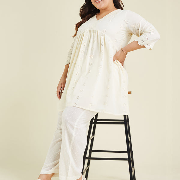 Janasya Light Cotton Schiffli A-Line Tunic