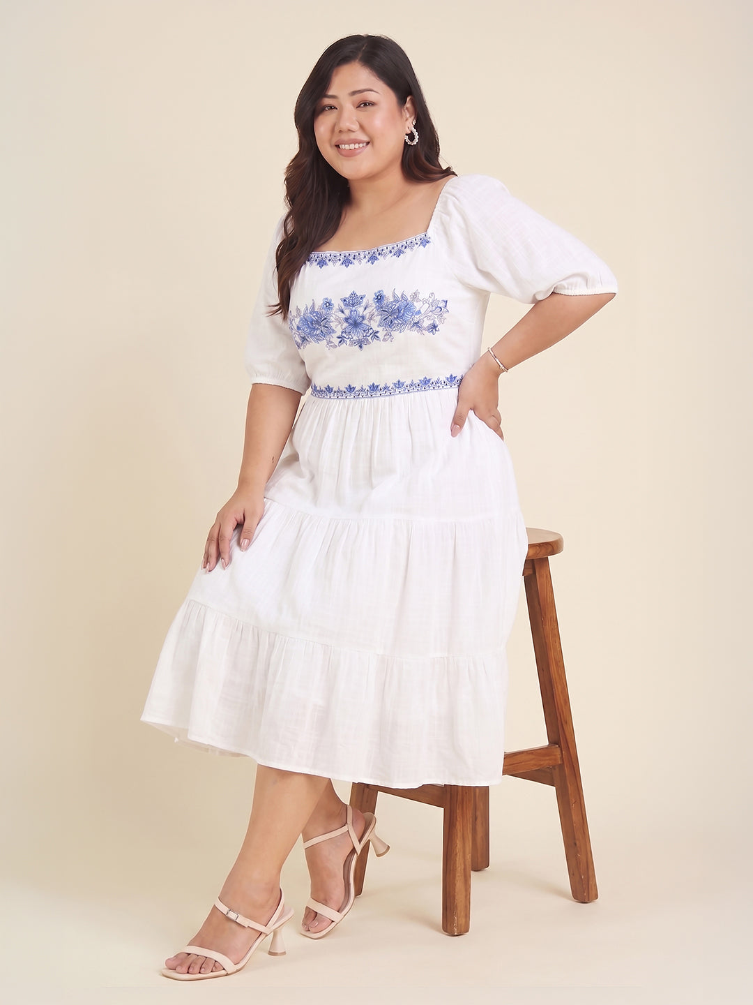 Janasya White Tiered Cotton Dress - Dista