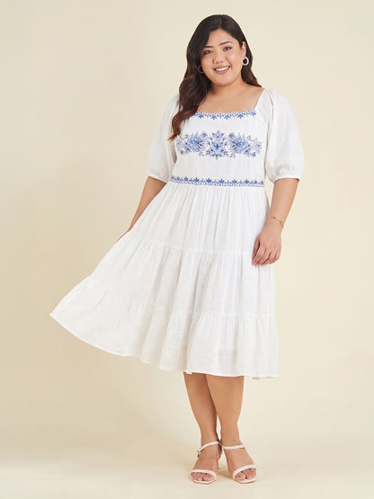 Janasya White Tiered Cotton Dress - Dista