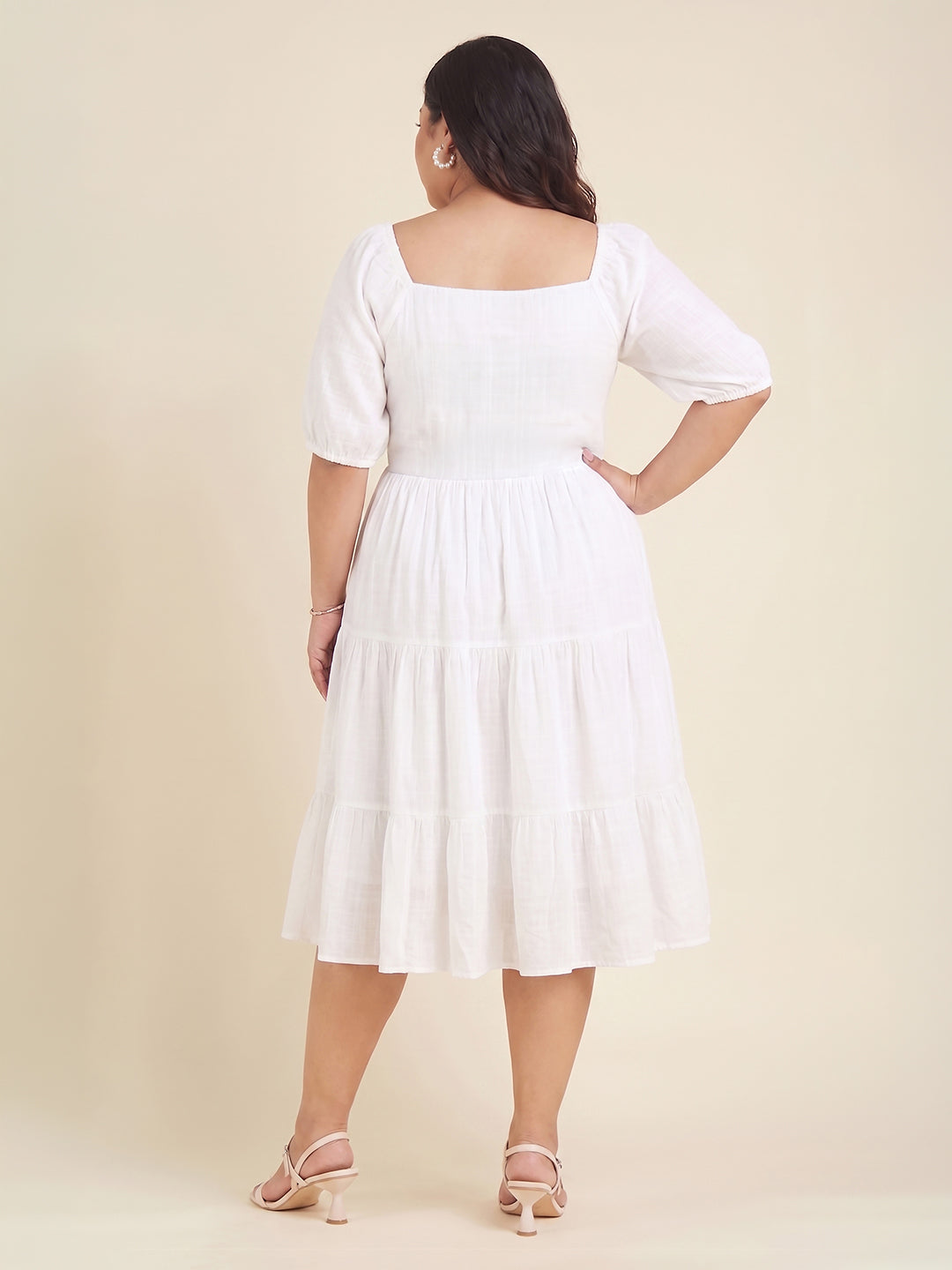 Janasya White Tiered Cotton Dress - Dista