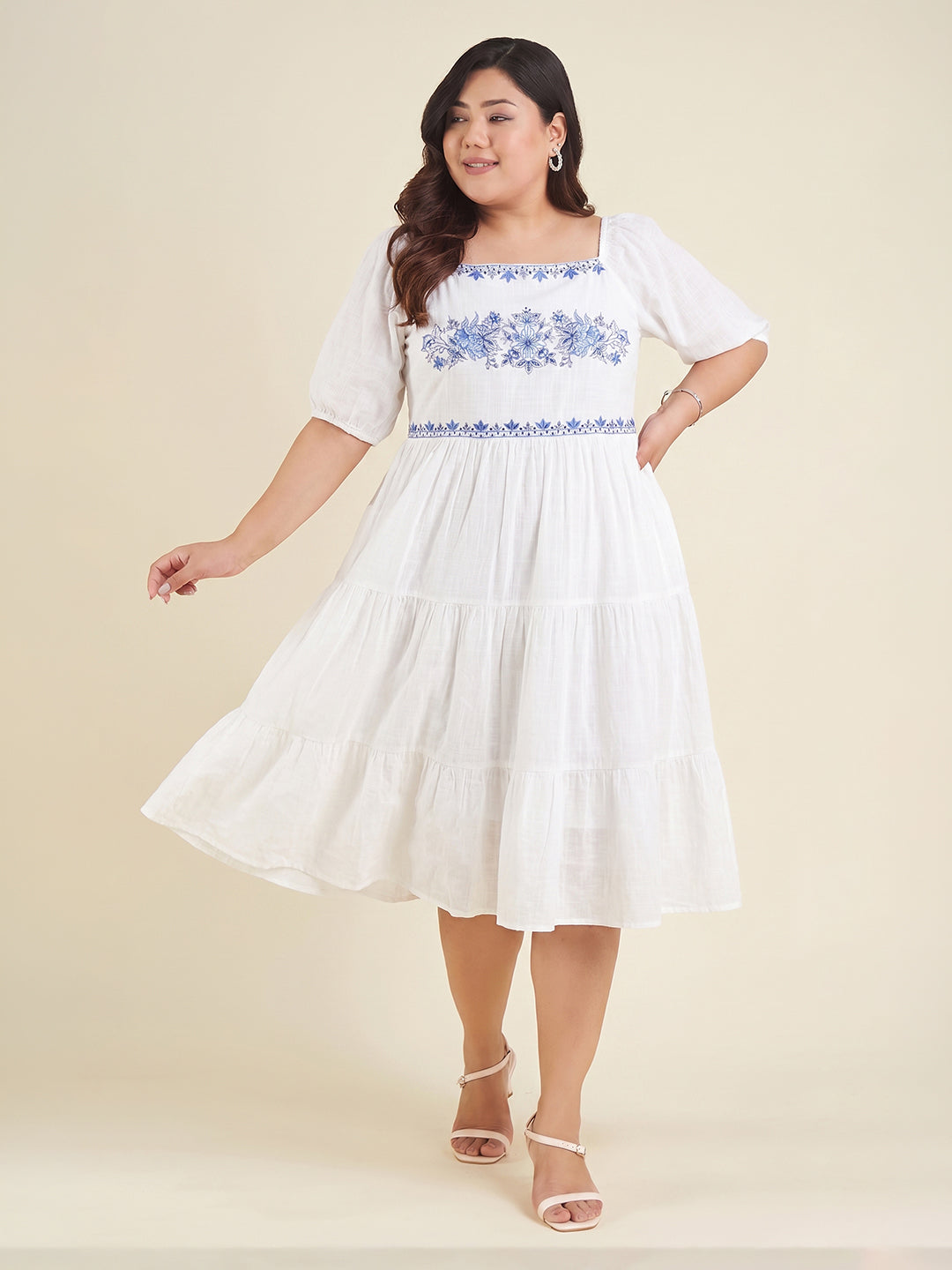 Janasya White Tiered Cotton Dress - Dista