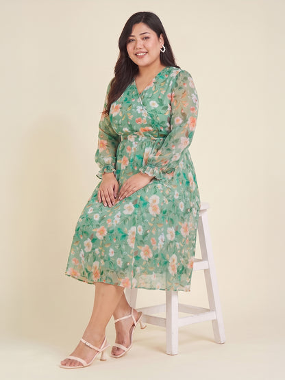 Janasya Mint A-Line Chiffon Dress - Dista