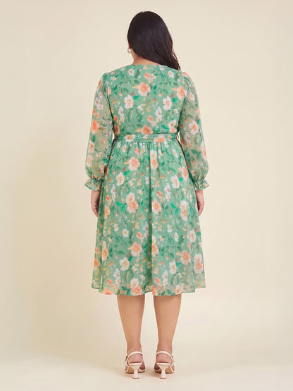 Janasya Mint A-Line Chiffon Dress - Dista