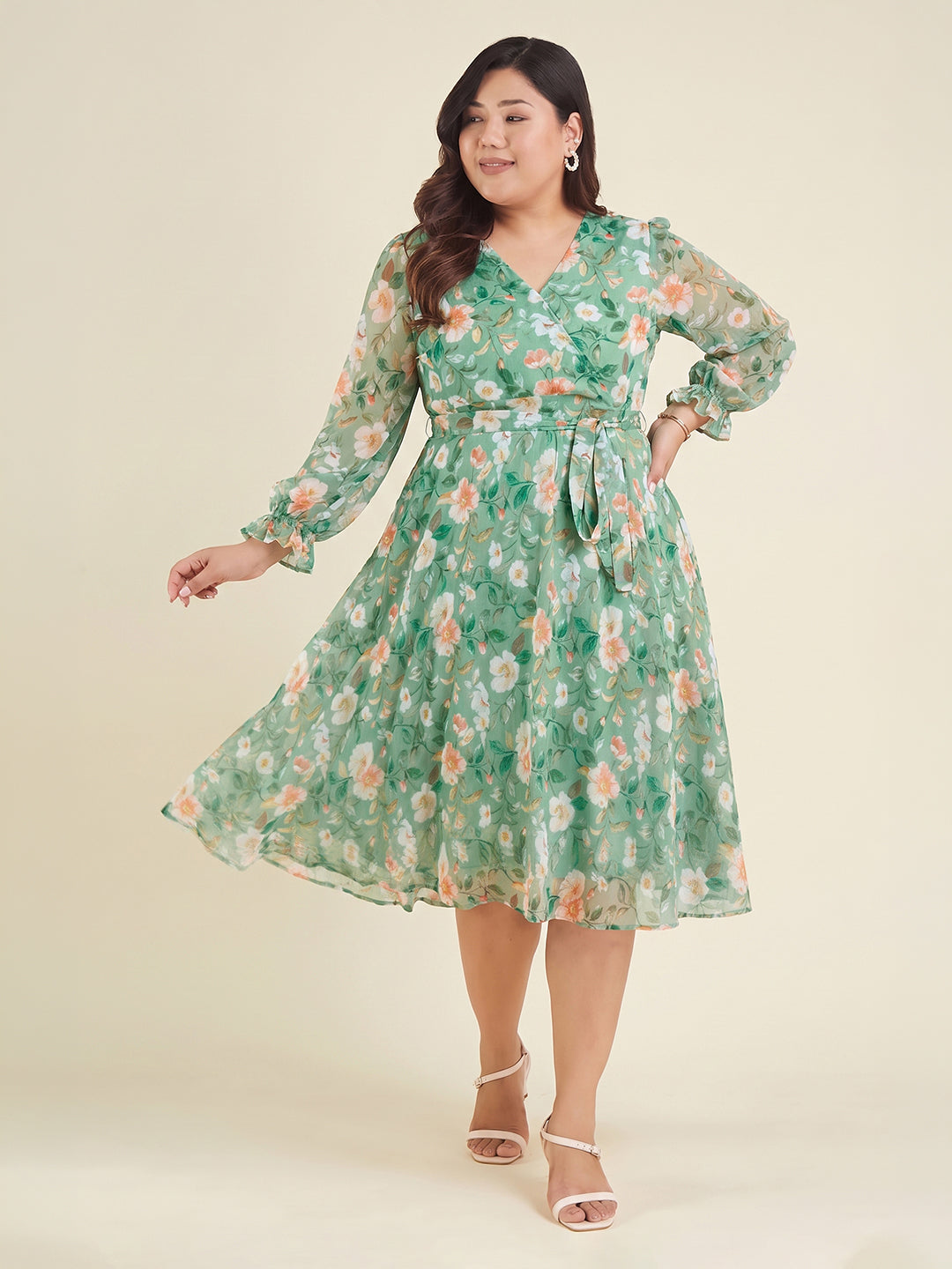 Janasya Mint A-Line Chiffon Dress - Dista