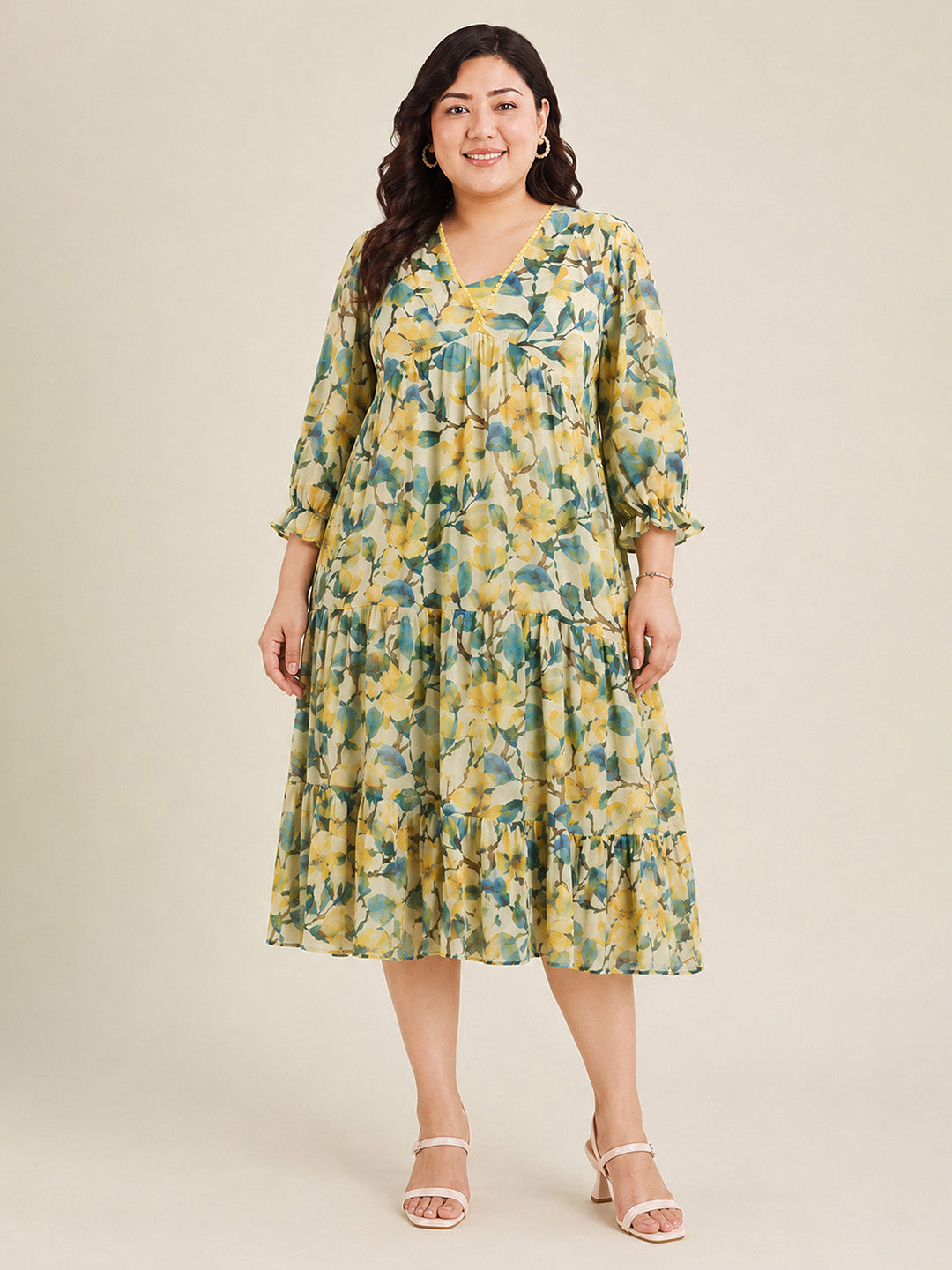 Janasya Yellow Tiered Georgette Dress - Dista