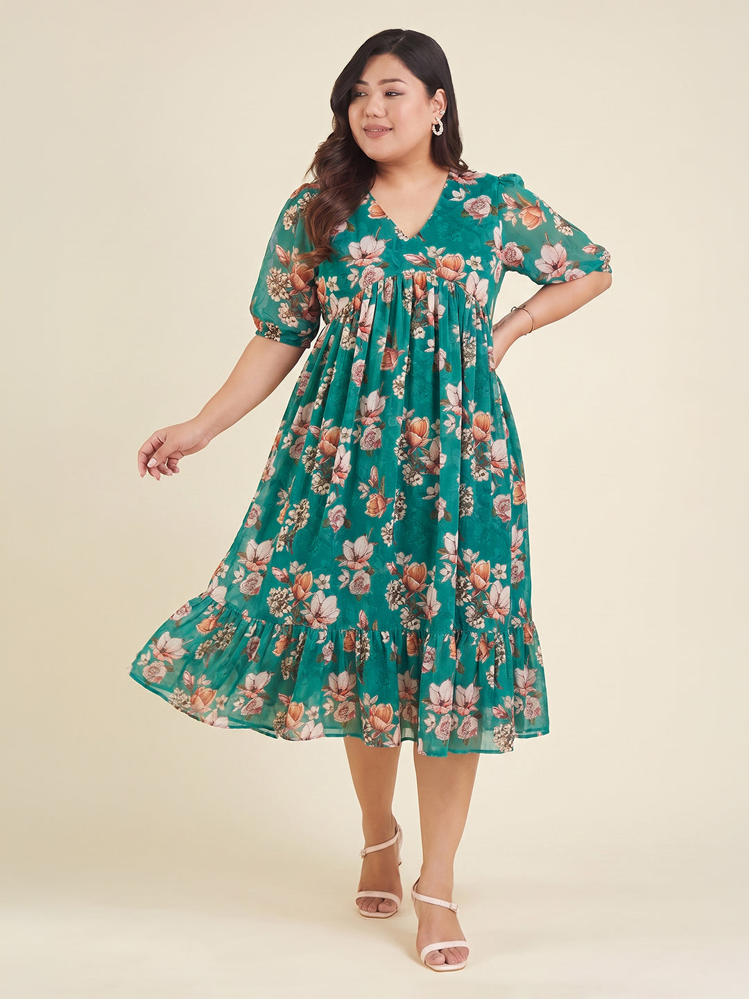 Janasya Sea Green Gathered Georgette Dress - Dista