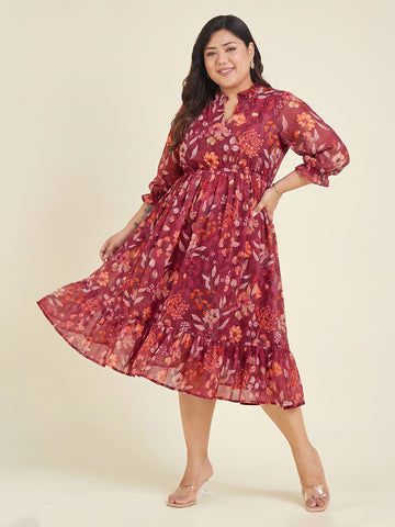 Janasya Red Fit & Flare Georgette Dress - Dista