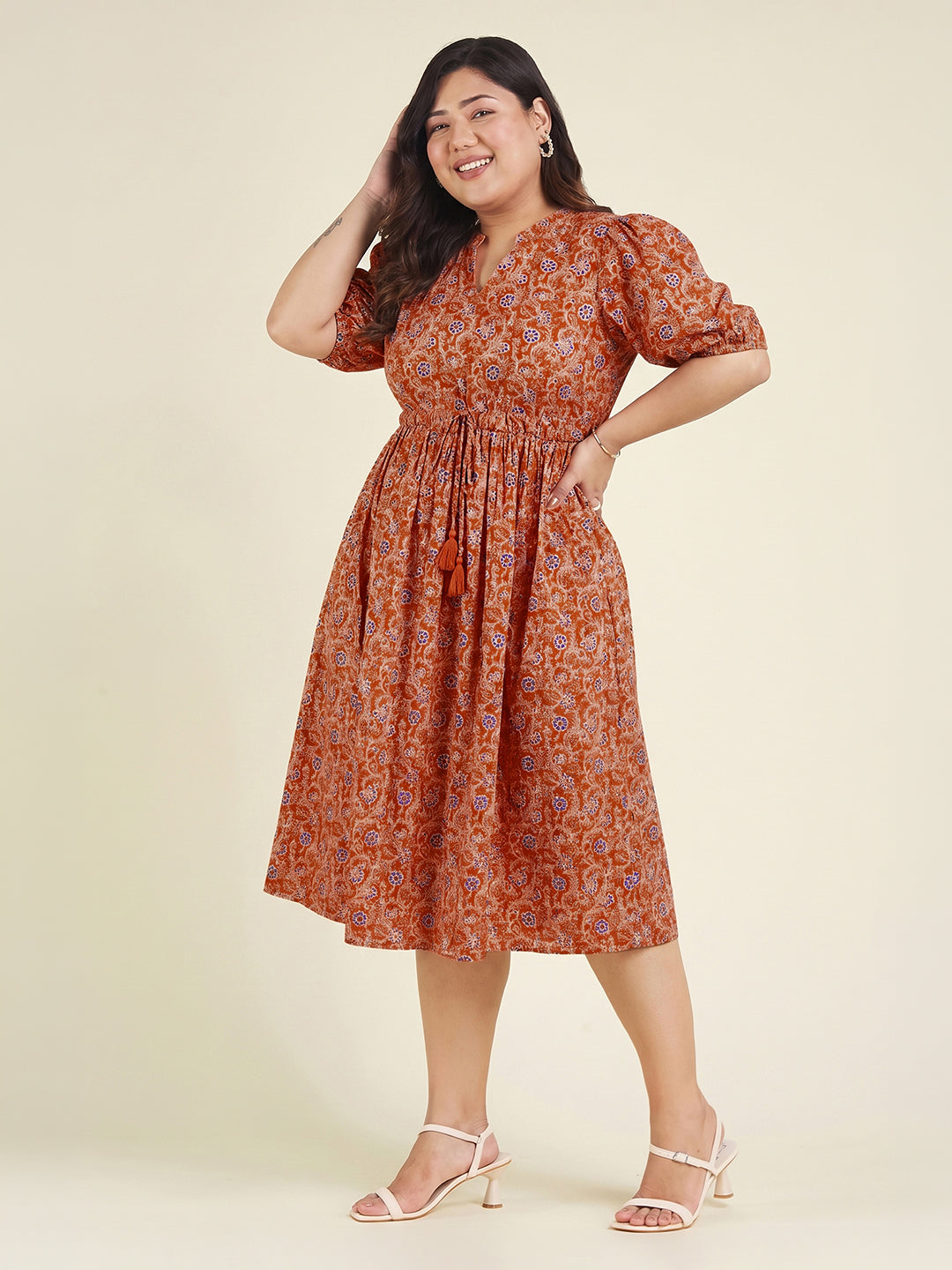 Janasya Orange Fit & Flare Cotton Dress - Dista